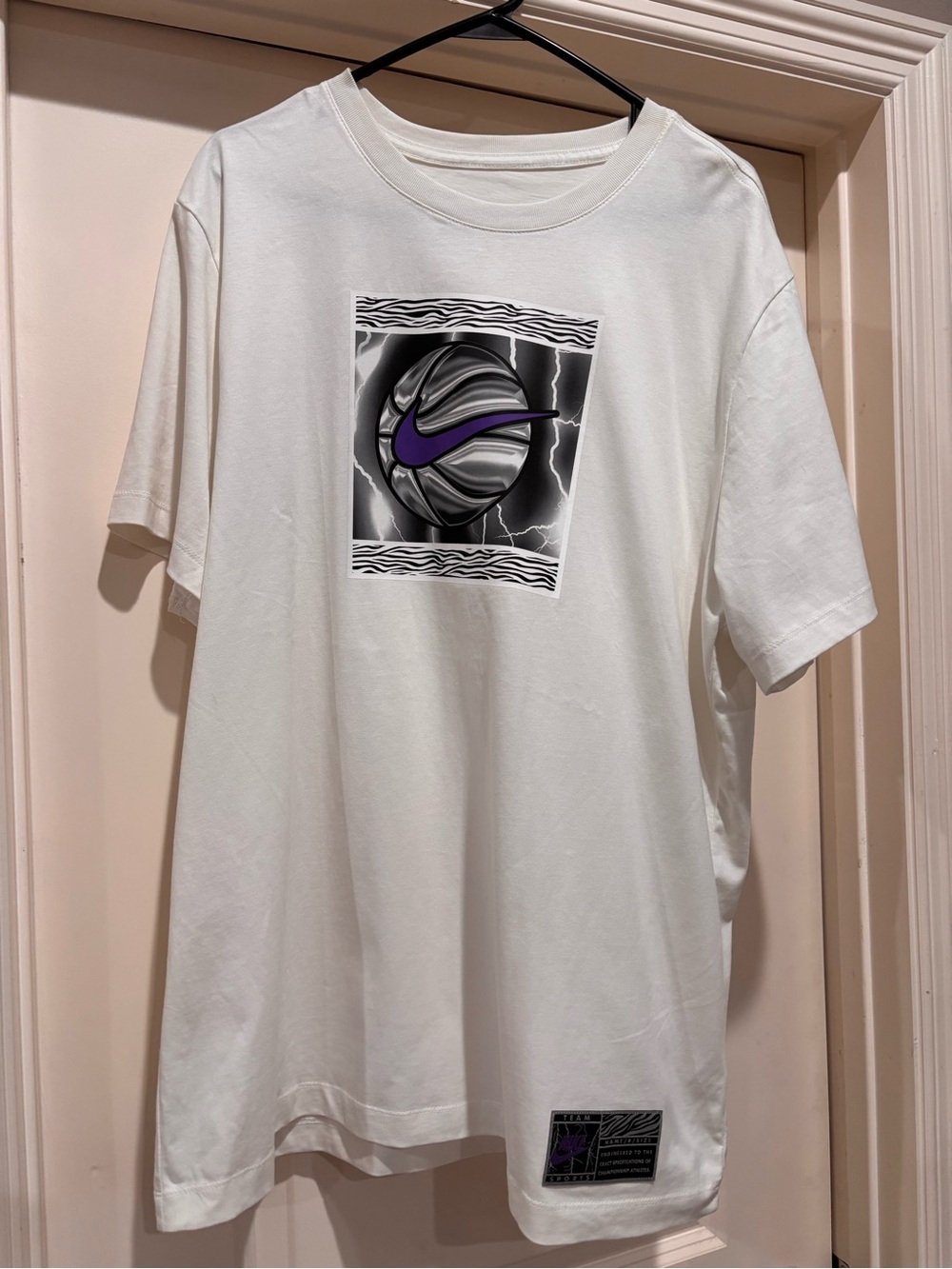 Nike White T-Shirt with Purple Swoosh Basketball Graphic
